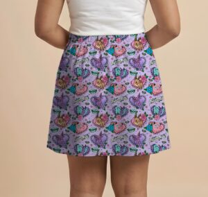 Lilac Pokémon skater skirt with Espeon, Jigglypuff, Eevee, Butterfree, "I Choose You" banners, side pockets, and sizes S–8XL/US 4–26