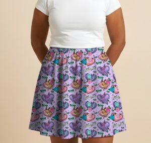 Lilac Pokémon skater skirt with Espeon, Jigglypuff, Eevee, Butterfree, "I Choose You" banners, side pockets, and sizes S–8XL/US 4–26