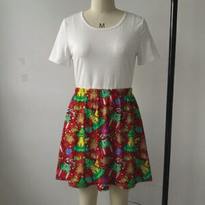 Red Christmas skater skirt with Pikachu Christmas trees, Bulbasaur presents, and side pockets