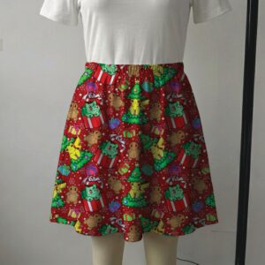 Red Christmas skater skirt with Pikachu Christmas trees, Bulbasaur presents, and side pockets