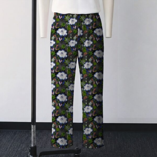 puffpuffpass-loungepants-fr (1) Puff Puff Pass cartoon cloud and pizza all-over print lounge pants on dark gray background