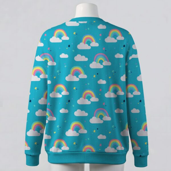 rainbow-cardigan-bk Pastel rainbow and white cloud pattern sky blue unisex V-neck button cardigan sweater sizes S to 7XL