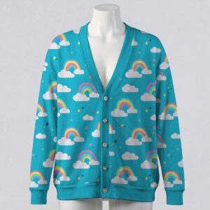 Pastel rainbow and white cloud pattern sky blue unisex V-neck button cardigan sweater sizes S to 7XL