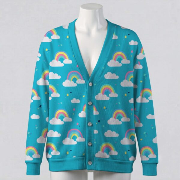 rainbow-cardigan-fr Pastel rainbow and white cloud pattern sky blue unisex V-neck button cardigan sweater sizes S to 7XL