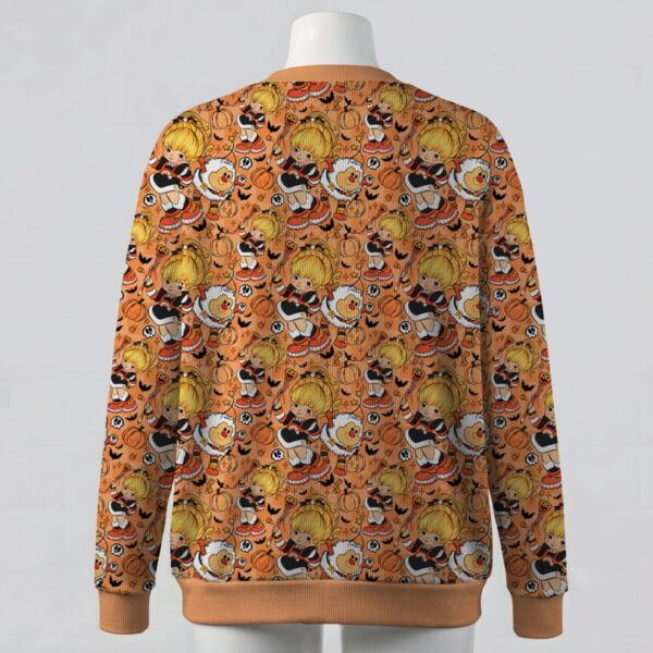 rainbowbhalloween-cardigan-bk Rainbow Brite and Twink Halloween print orange unisex V-neck button cardigan sweater sizes S to 7XL