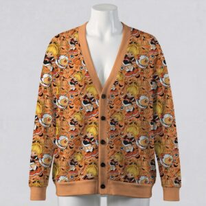 rainbowbhalloween-cardigan-fr Rainbow Brite and Twink Halloween print orange unisex V-neck button cardigan sweater sizes S to 7XL
