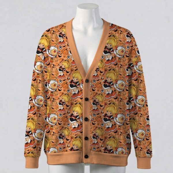 rainbowbhalloween-cardigan-fr Rainbow Brite and Twink Halloween print orange unisex V-neck button cardigan sweater sizes S to 7XL