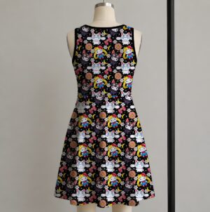 Kawaii anime mashup black sleeveless A-line dress with magical girl motifs womens sizes S to 5XL