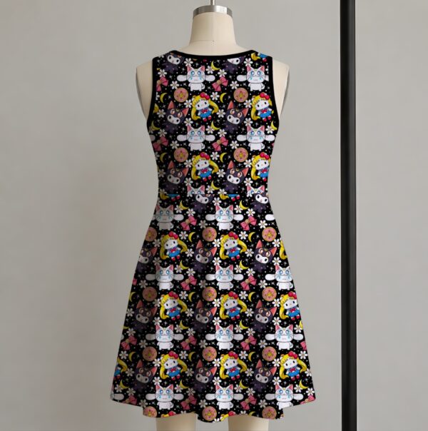 Kawaii anime mashup black sleeveless A-line dress with magical girl motifs womens sizes S to 5XL
