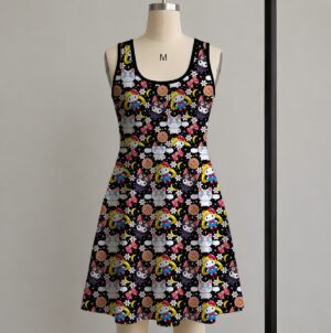 Kawaii anime mashup black sleeveless A-line dress with magical girl motifs womens sizes S to 5XL
