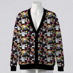 sailorsanrio-cardigan-fr Sailor Moon and Sanrio Hello Kitty mashup black unisex V-neck button cardigan sweater sizes S to 7XL