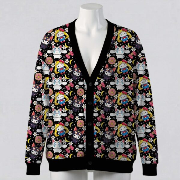 Sailor Moon and Sanrio Hello Kitty mashup black unisex V-neck button cardigan sweater sizes S to 7XL