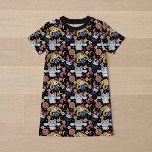 sailorsanrio-girls-tee-dress-fr Sailor Moon x Sanrio girls t-shirt dress with Kuromi Cinnamoroll and Hello Kitty print