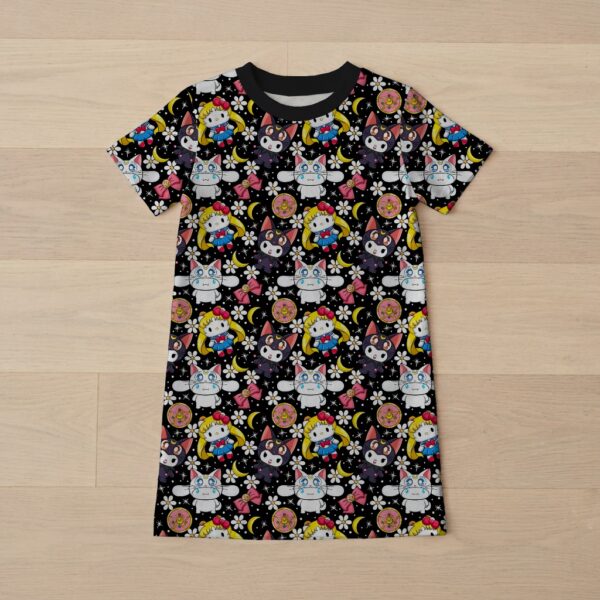 Sailor Moon x Sanrio girls t-shirt dress with Kuromi Cinnamoroll and Hello Kitty print
