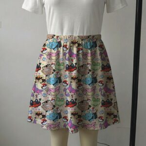Cream skater skirt featuring Cat Pokemon like Meowth, Skitty, Litten, Glameow, Purrloin, Pokeballs, side pockets, and sizes S–8XL/US 4–26