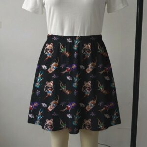 Black skater skirt printed with chibi Sailor Moon scouts and cats with functional side pockets