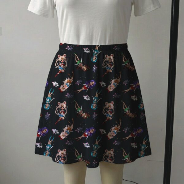 smscouts-blk-skirt2 Black skater skirt printed with chibi Sailor Moon scouts and cats with functional side pockets