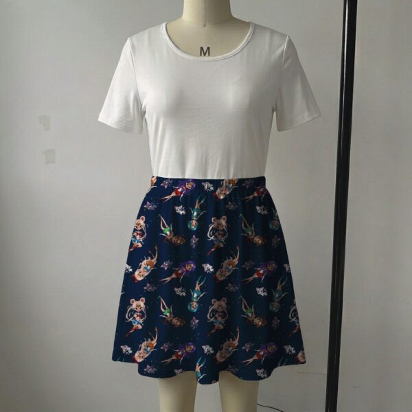 smscouts-navy-skirt1 Navy blue skater skirt printed with chibi Sailor Moon scouts and cats featuring side pockets