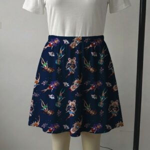 smscouts-navy-skirt2 Navy blue skater skirt printed with chibi Sailor Moon scouts and cats featuring side pockets