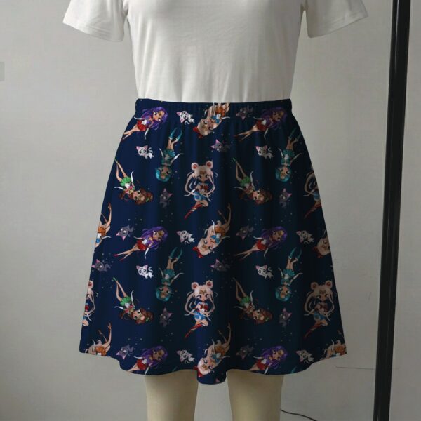 smscouts-navy-skirt2 Navy blue skater skirt printed with chibi Sailor Moon scouts and cats featuring side pockets