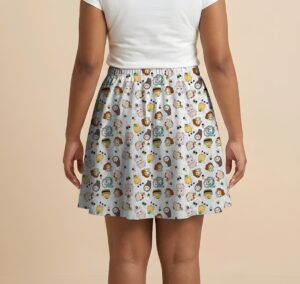 Studio Ghibli Spirited Away skater skirt with all-over print of Chihiro No Face Haku and Soot Sprites on rich teal background with side pockets worn by model