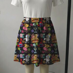 sponge-skirt2 Black skater skirt printed with SpongeBob, Patrick, and Krabby Patty featuring side pockets