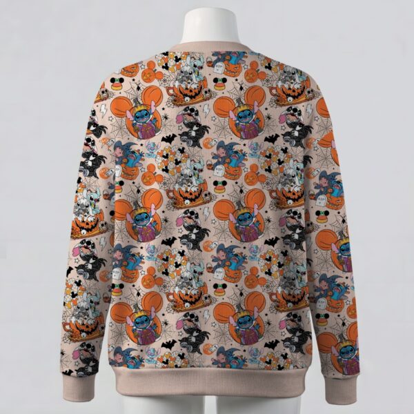 stitchhalloween-cardigan-bk Halloween Stitch print unisex V-neck button cardigan sweater in beige unisex sizes S to 7XL