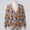 stitchhalloween-cardigan-fr Halloween Stitch print unisex V-neck button cardigan sweater in beige unisex sizes S to 7XL