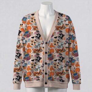 Halloween Stitch print unisex V-neck button cardigan sweater in beige unisex sizes S to 7XL