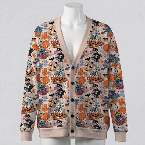 stitchhalloween-cardigan-fr Halloween Stitch print unisex V-neck button cardigan sweater in beige unisex sizes S to 7XL