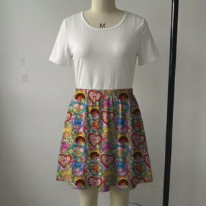 Vintage Strawberry Shortcake pink skater skirt with hearts, flowers, and side pockets
