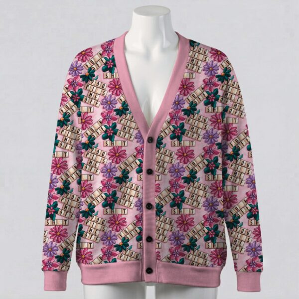 Funny pink floral cardigan sweater with sarcastic scrabble letter curse words unisex sizes S to 7XL