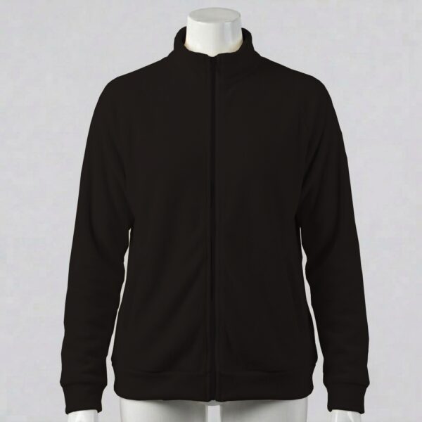 black-fleecejacket-fr Black full zip fleece jacket with high stand collar and side pockets