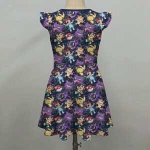 Dark cosmic girls flutter sleeve dress printed with Bluey, Gengar, Pikachu, and Pokeballs