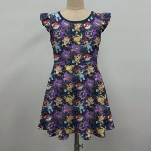 Dark cosmic girls flutter sleeve dress printed with Bluey, Gengar, Pikachu, and Pokeballs