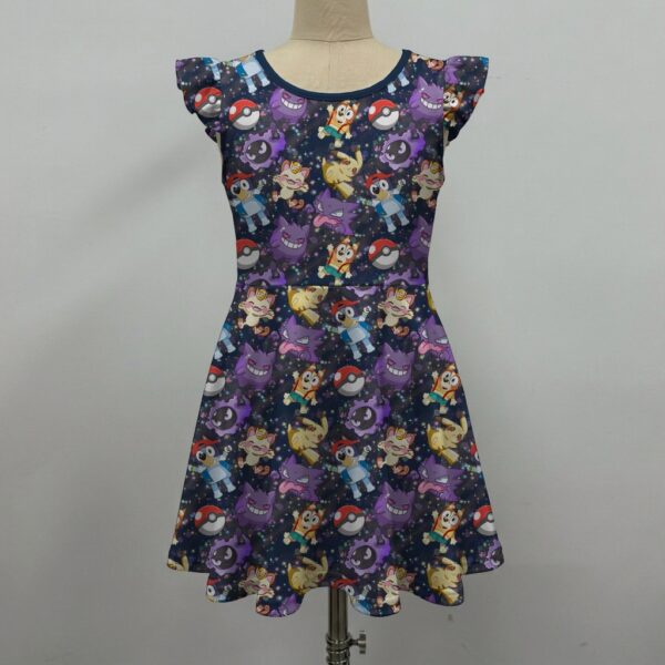 blueypoke-girl-flutter-sleeve-dress-fr2 Dark cosmic girls flutter sleeve dress printed with Bluey, Gengar, Pikachu, and Pokeballs