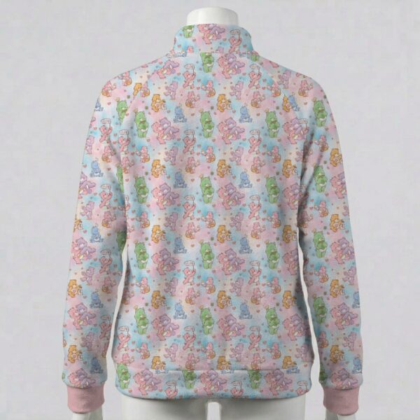 carebears-fleecejacket-bk Pastel tie-dye full zip fleece jacket featuring retro Care Bears print