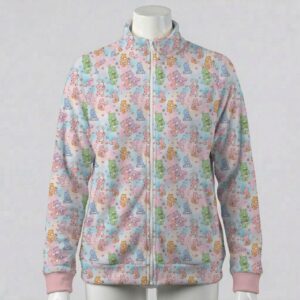 carebears-fleecejacket-fr Pastel tie-dye full zip fleece jacket featuring retro Care Bears print