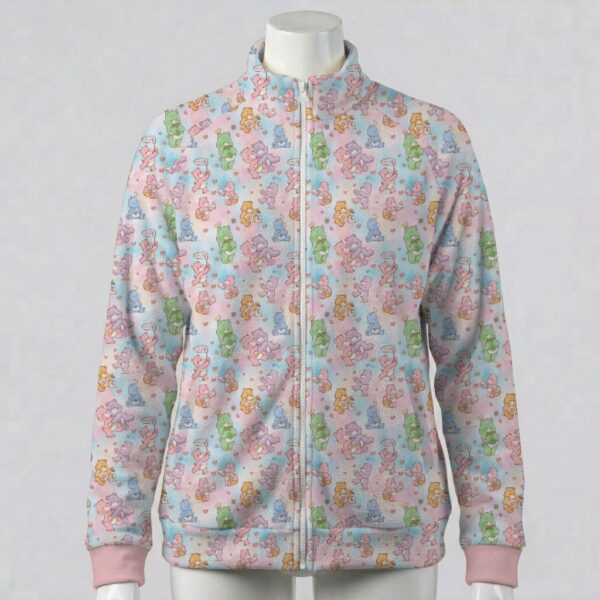 carebears-fleecejacket-fr Pastel tie-dye full zip fleece jacket featuring retro Care Bears print