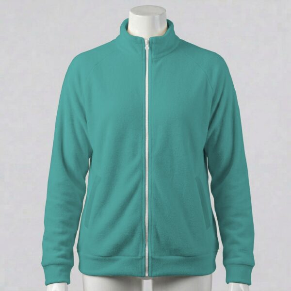 chalkymint-fleecejacket-fr chalky teal unisex full zip fleece coat with high collar and side pockets