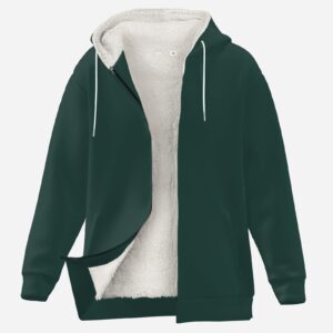 Solid dark green color thick fleece-lined full-zip hoodie with drawstrings and side pockets