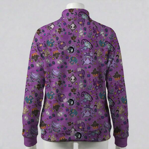 ghostpoke-fleecejacket-bk Deep purple fleece zip jacket with Gengar Mimikyu and ghost Pokemon pattern