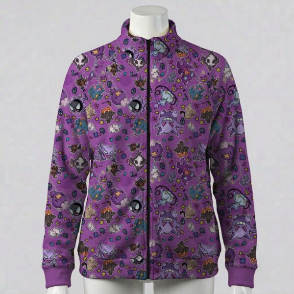 ghostpoke-fleecejacket-fr Deep purple fleece zip jacket with Gengar Mimikyu and ghost Pokemon pattern