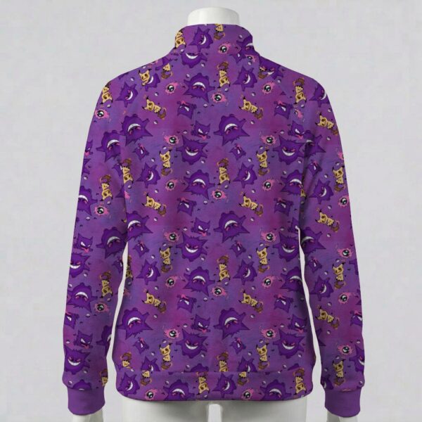 ghosttype-fleecejacket-bk Deep purple fleece zip jacket with Gengar Mimikyu, Haunter and ghastly Pokemon pattern