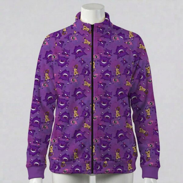 ghosttype-fleecejacket-fr Deep purple fleece zip jacket with Gengar Mimikyu, Haunter and ghastly Pokemon pattern