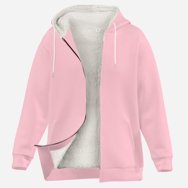 Solid light pink color thick fleece-lined full-zip hoodie with drawstrings and side pockets