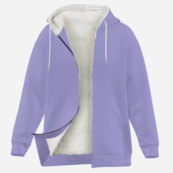 Solid lilac color thick fleece-lined full-zip hoodie with drawstrings and side pockets