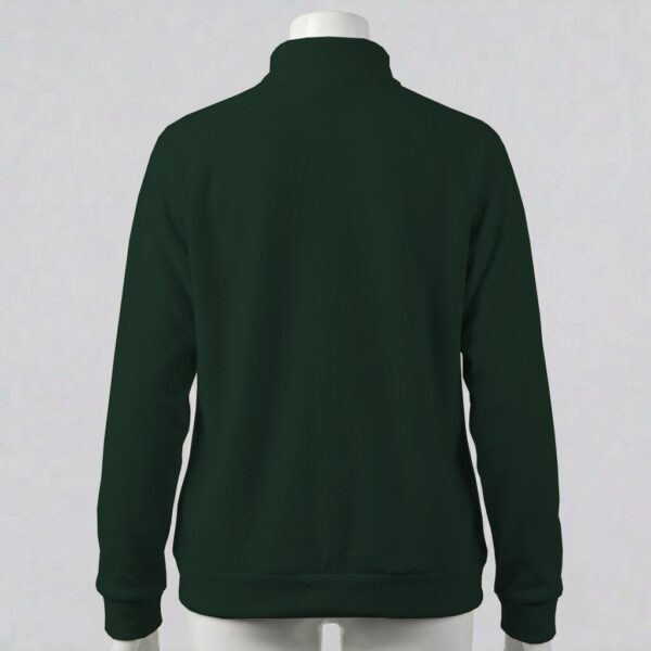 dark green unisex full zip fleece coat with high collar and side pockets