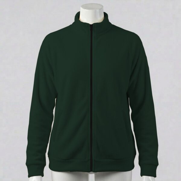 dark green unisex full zip fleece coat with high collar and side pockets