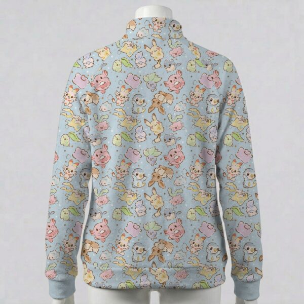 Pastel blue full zip fleece coat with all-over Pokemon print including Eevee and Pikachu